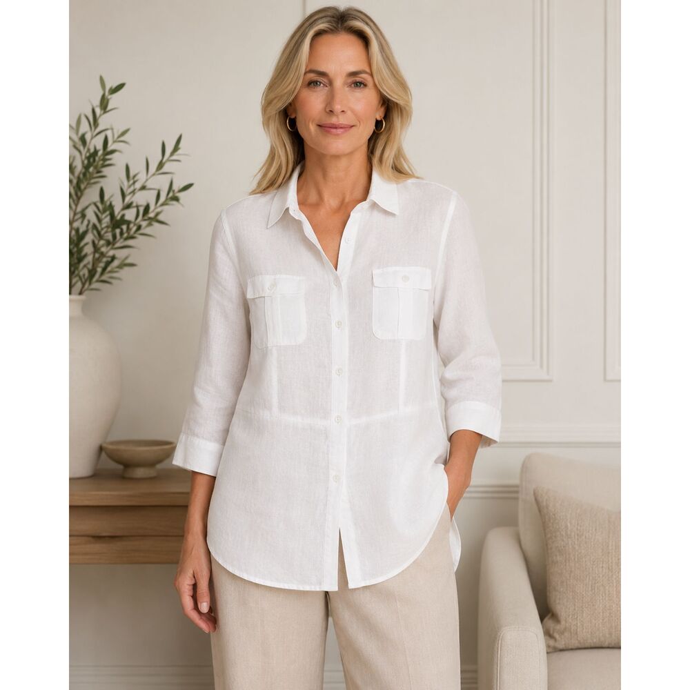 Chico's No Iron Linen Tunic Shirt Women 2 L White 3/4 Sleeve Button Front Resort